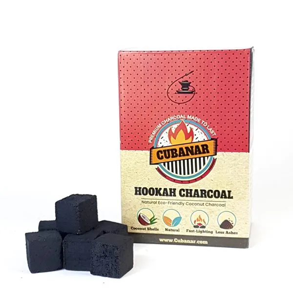 Cubanar Hookah Charcoal package with several black charcoal cubes arranged in front.
