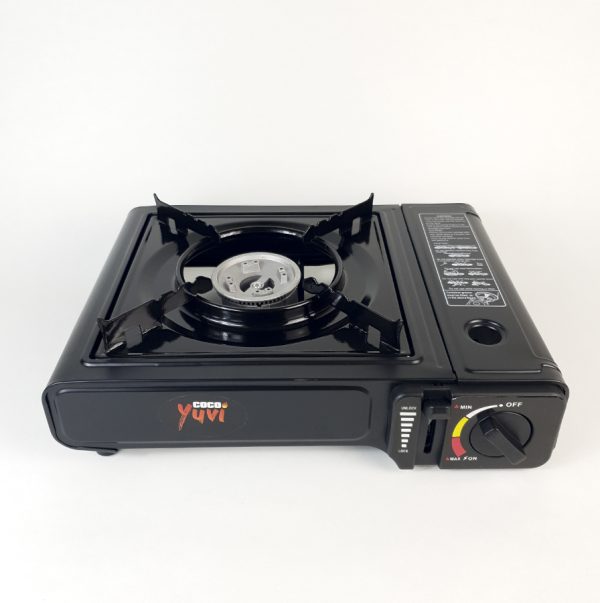 Black portable gas burner stove with single burner and control knob.