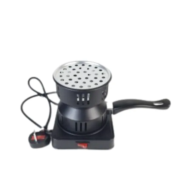 Electric charcoal burner with a perforated top plate, black handle, and attached power cord, designed for heating charcoal.