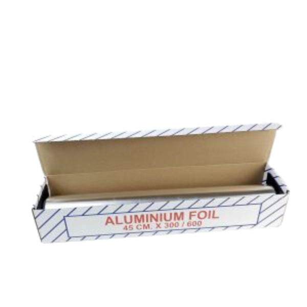 An open box of Aluminium Foil Large Roll weighing 1.5 kg, showcasing the rolled foil inside.