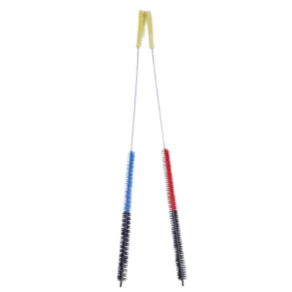 Hookah cleaning brushes with yellow handles, featuring red and blue bristles.