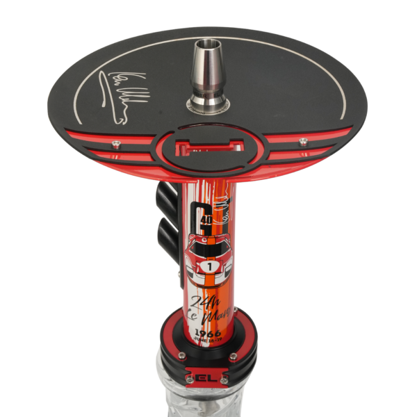 Top view of a hookah with a black and red design featuring a race car illustration and signature.