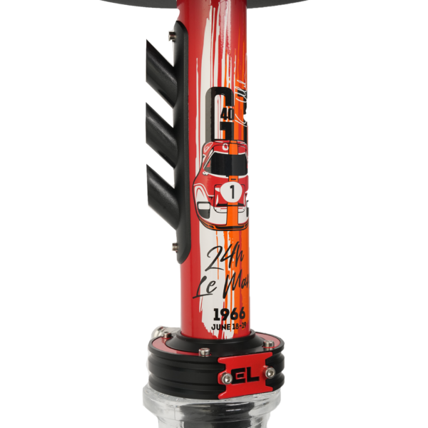 Close-up of the central stem of a hookah with a red race car design and "24h Le Mans" text.