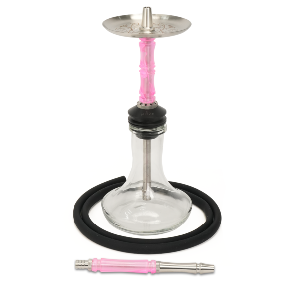 Pink and stainless steel hookah with clear glass base and black hose