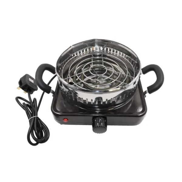 Zanobia Electric Charcoal Burner with a horizontal design, heat regulator knob, and plug cable connection.
