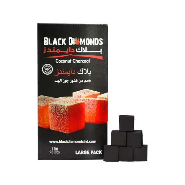 Box of Black Diamonds Coconut Charcoal with individual charcoal pieces stacked beside it.