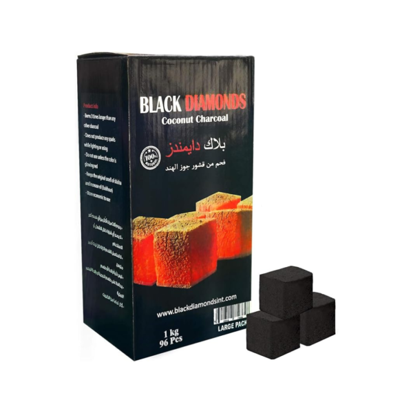 Box of Black Diamonds Coconut Charcoal with individual charcoal pieces stacked beside it. Text on the box indicates it burns longer than other charcoal.