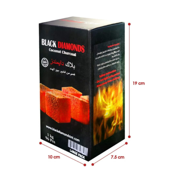 Box of Black Diamonds Coconut Charcoal with dimensions marked as 19 cm in height, 10 cm in width, and 7.5 cm in depth. Side view shows safety instructions.