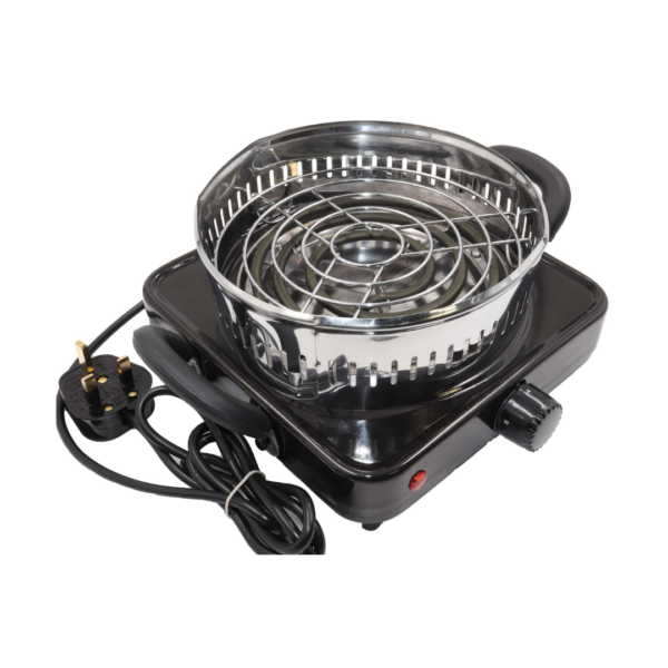 Zanobia Electric Charcoal Burner with horizontal design, heat regulator knob, and plug cable connection.