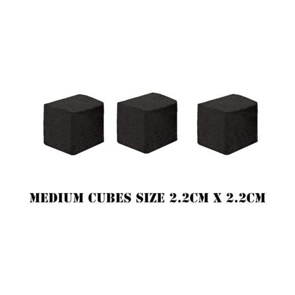 Three medium-sized Black Diamonds Coconut Charcoal cubes, each measuring 2.2 cm x 2.2 cm.